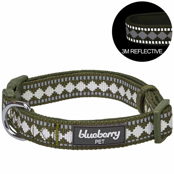 Blueberry Pet - Olive Jacquard Pattern | 3M Reflective Neoprene Quick-Release Dog Collar
