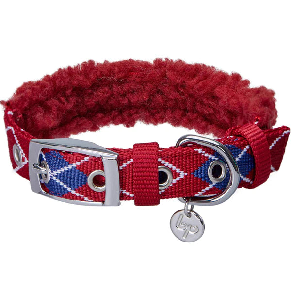 Blueberry Pet - Merlot Red Scottish Argyle | Sherpa Fleece Padded Dog Collar
