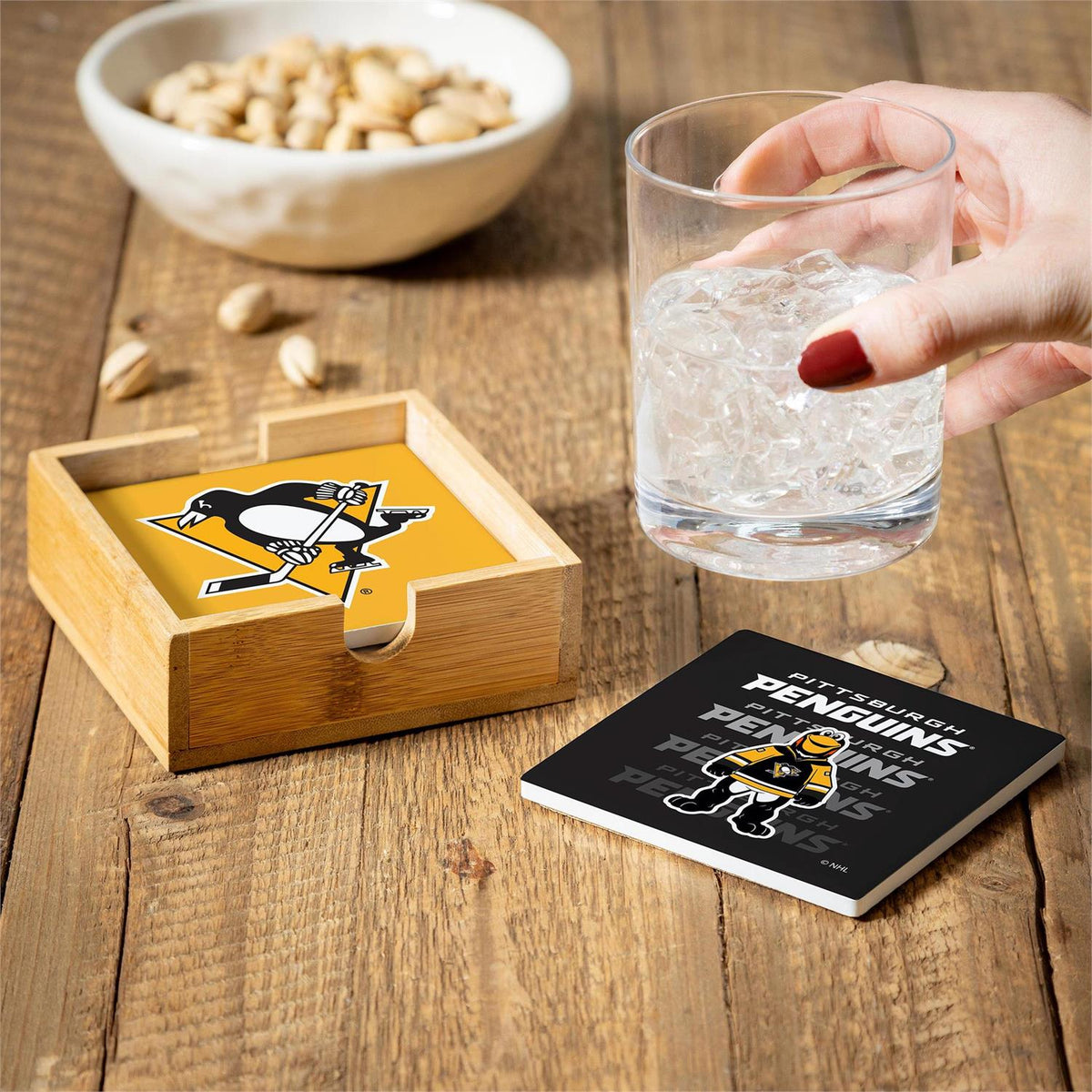 Evergreen Enterprises - Ceramic Coasters Pittsburg Penguins Set with Wood Caddy