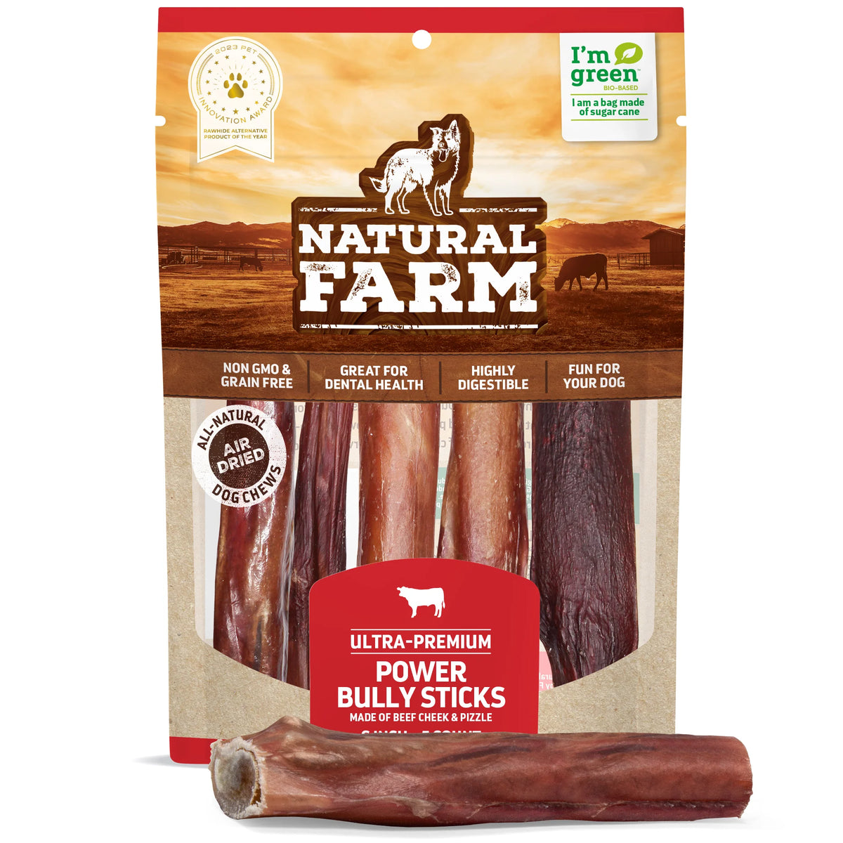 Natural Farm - Power Bully Stick - Beef Cheek Muscle & Beef Pizzle Sheath (6" 5pk)