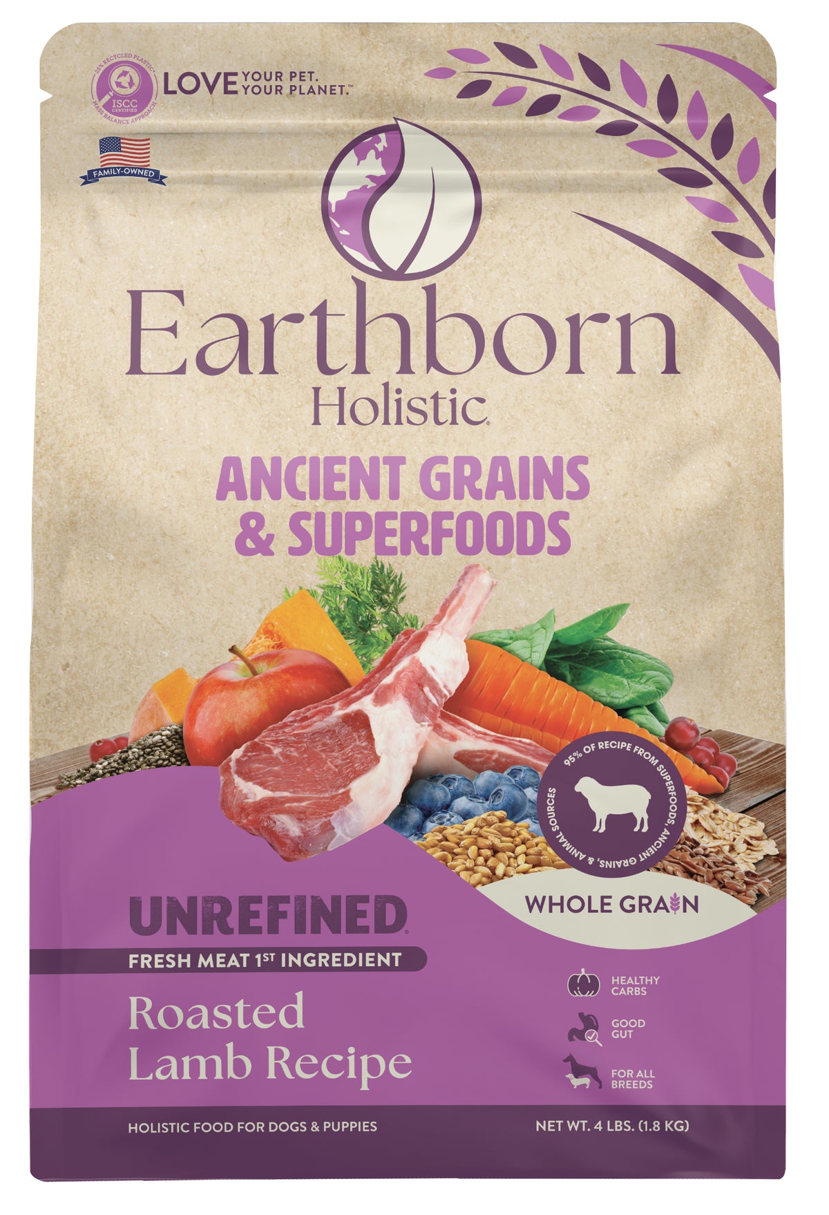 Earthborn Holistic Unrefined - All Dog Breeds, All Life Stages Roasted Lamb with Ancient Grains & Superfoods Recipe Dry Dog Food