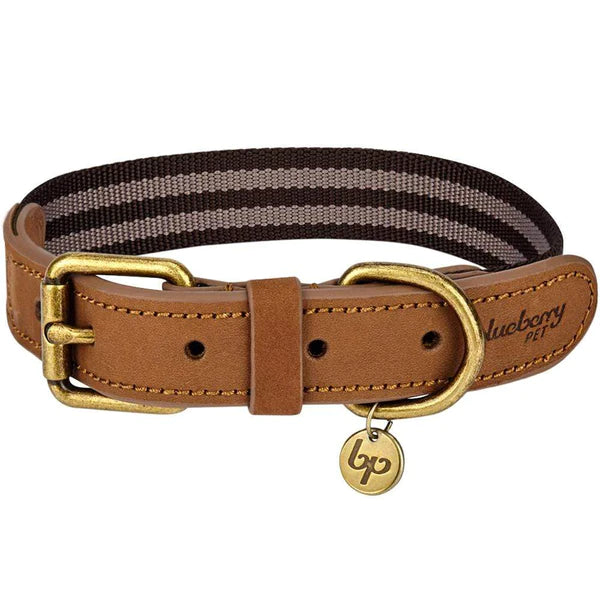 Blueberry Pet - Chocolate and Taupe | Full Grain Leather & Polyester Dog Collar
