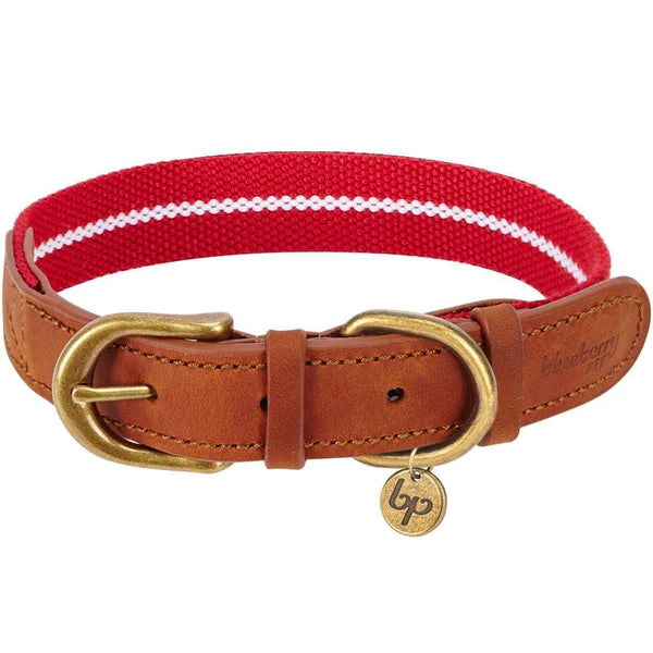 Blueberry Pet - Red & White | Full Grain Leather & Polyester Dog Collar