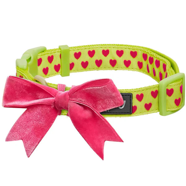 Blueberry Pet - Highlighter Green | Dotted Velvet Heart Dog Collar
