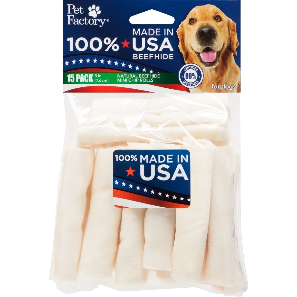 Pet Factory - Mini Chip Rolls Rawhide 100% USA Beefhide 3 inch 15 pack
