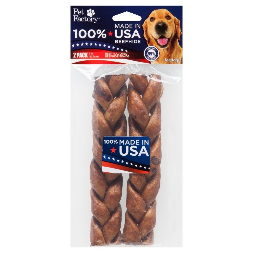 Pet Factory - Braids Rawhide 100% USA Beefhide 7-8" 2 pk