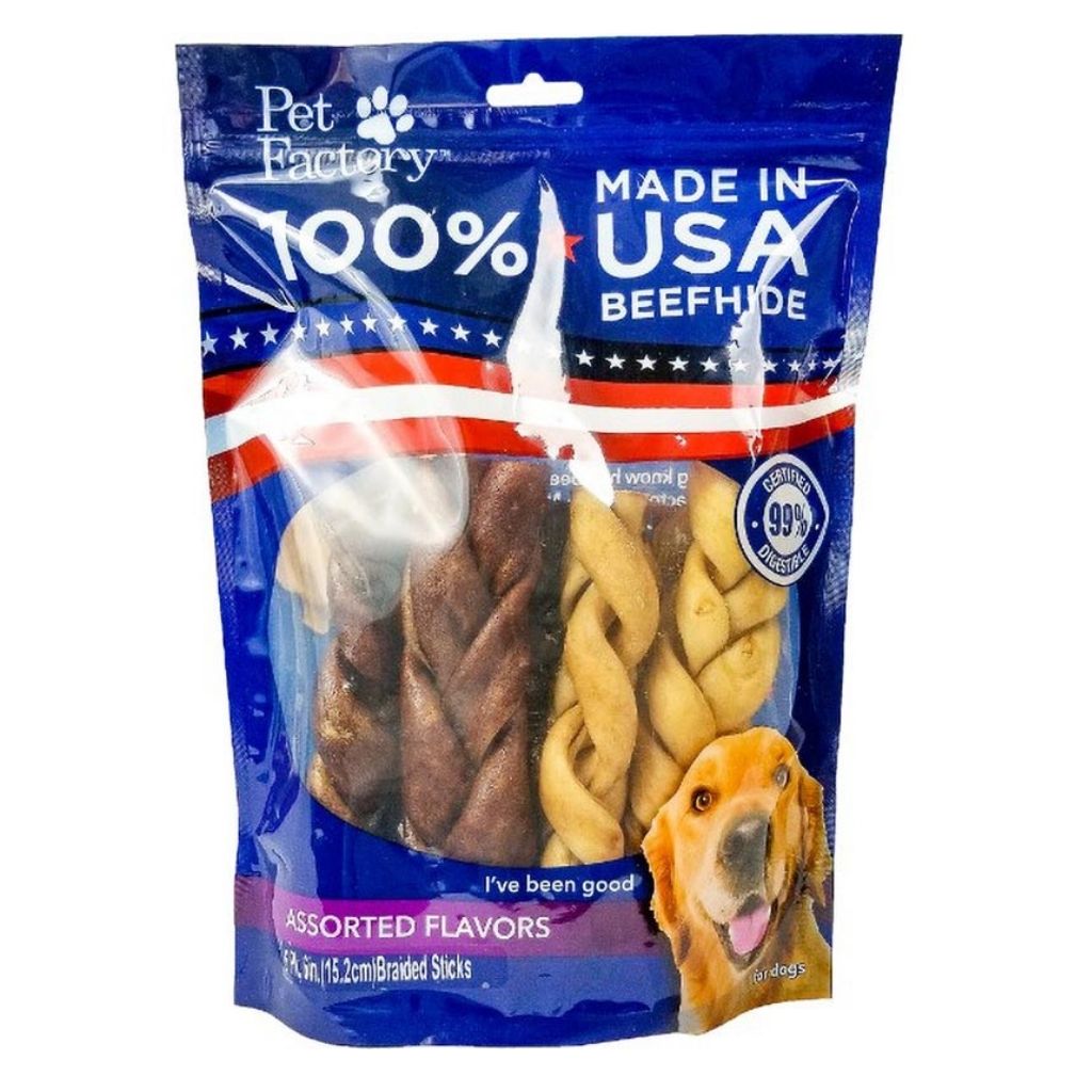 Pet Factory - Braided Sticks Rawhide 100% USA Beefhide 6" 6 pack