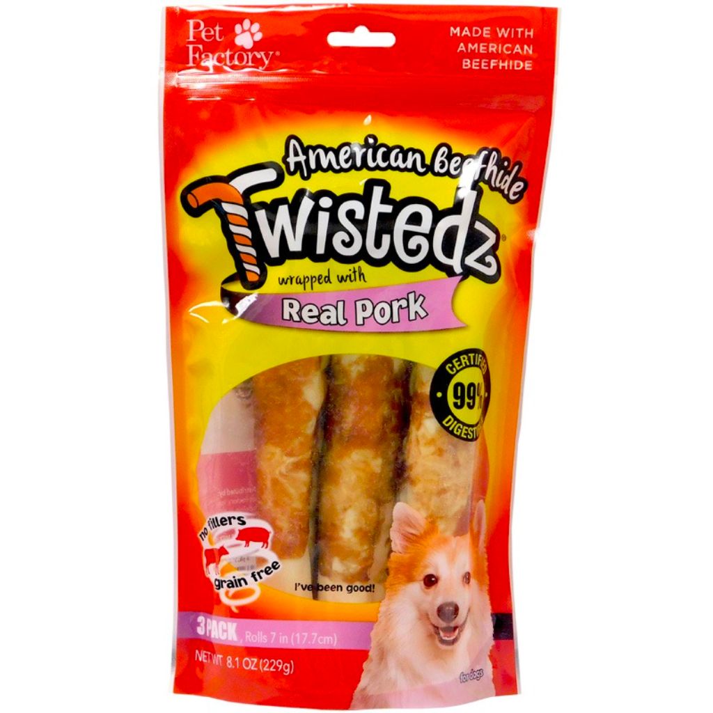 Pet Factory - Twistedz Beefhide Rolls W/Pork 7" 3 pk