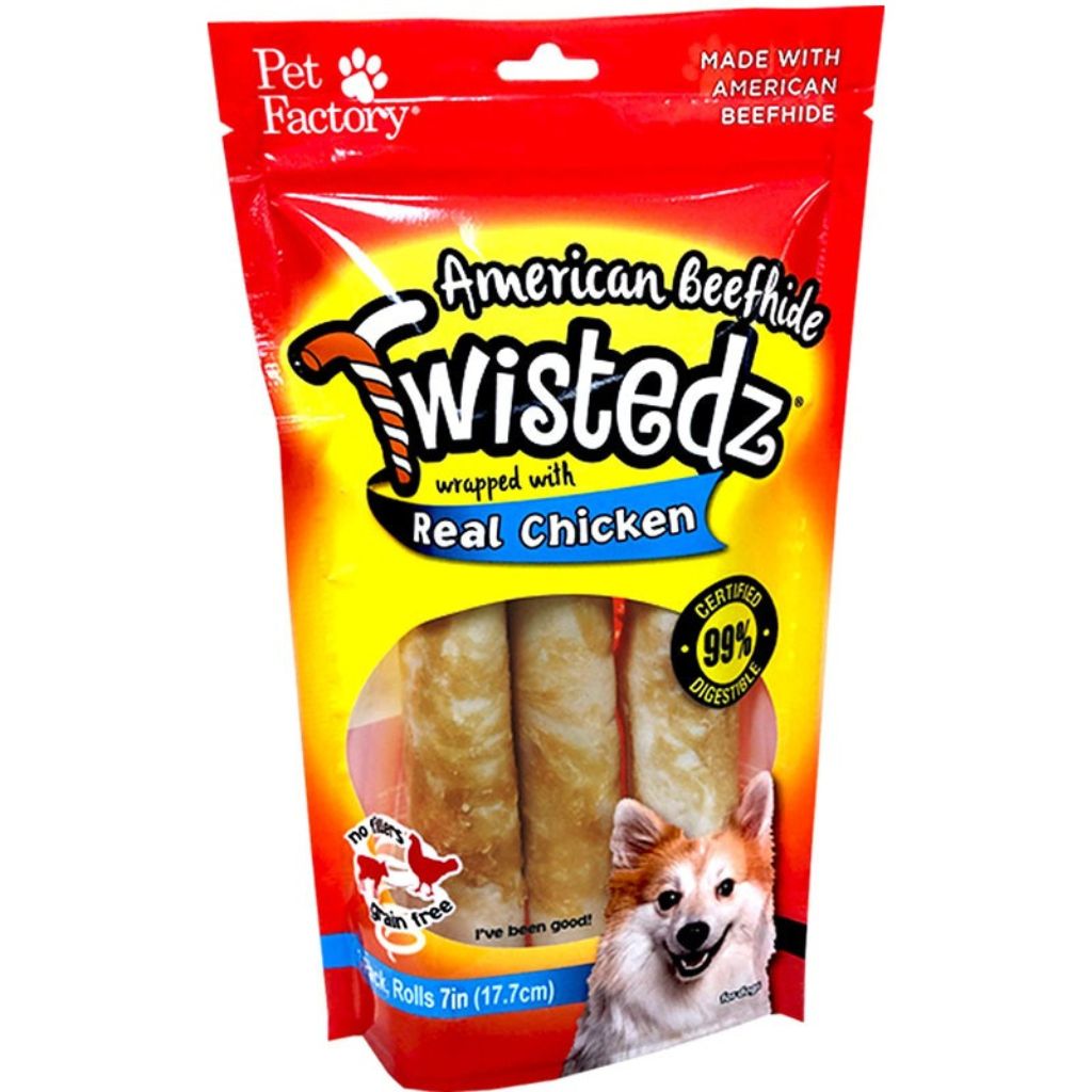 Pet Factory - Twistedz Beefhide Rolls W/ Chicken 7" 3 pk
