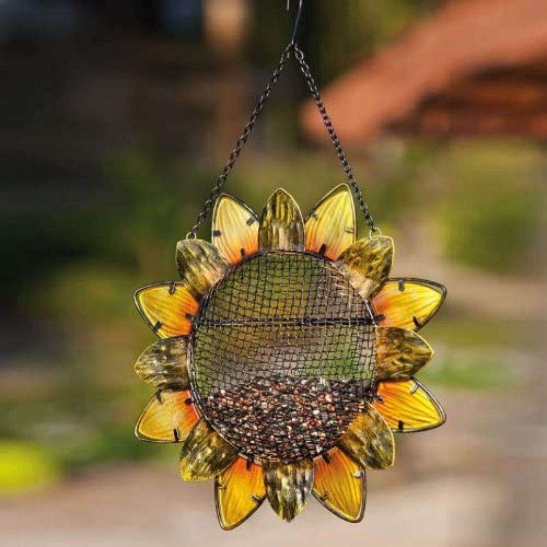 Garden Sunflower Metal and Glass Hanging Mesh Bird Feeder