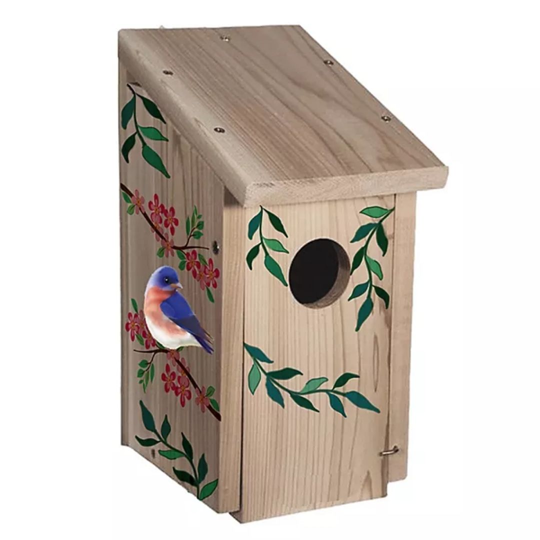 Evergreen Enterprises - Wood Birdhouse with Bluebird and Red Flowers