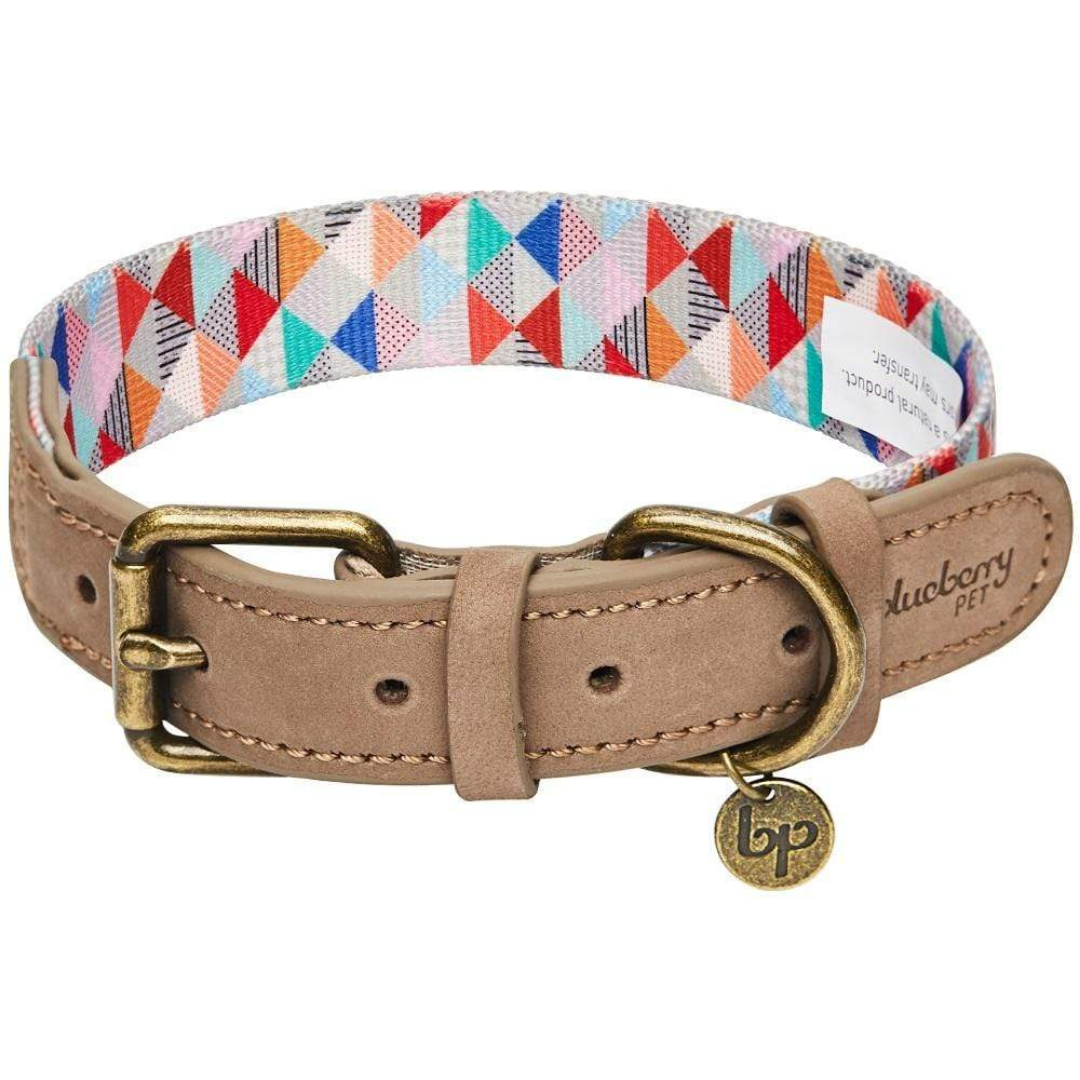Blueberry Pet - Triangles Shades of Rainbow | Full Grain Leather & Polyester Webbing Dog Collar