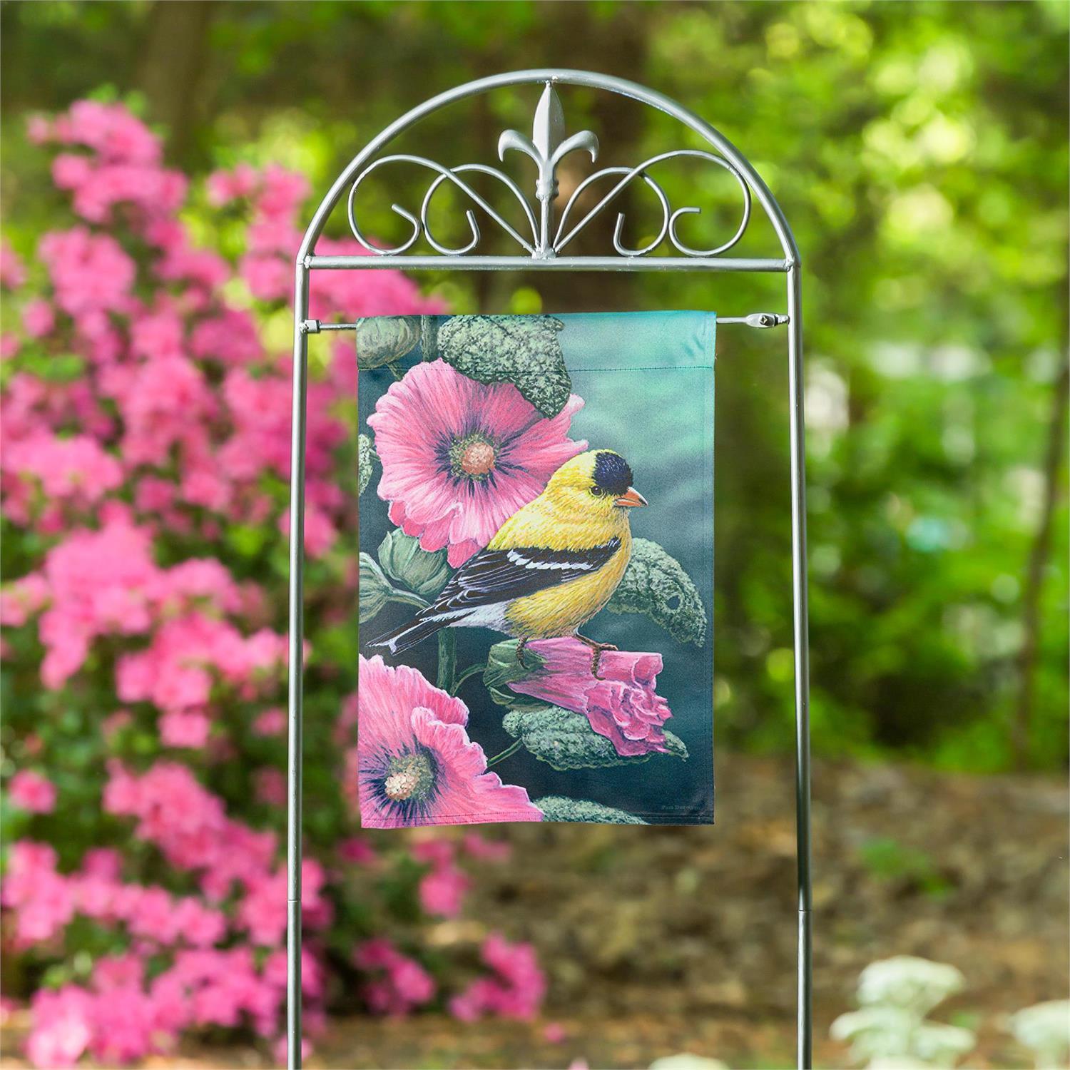 Evergreen Enterprises - Flag Goldfinch on Hollyhocks