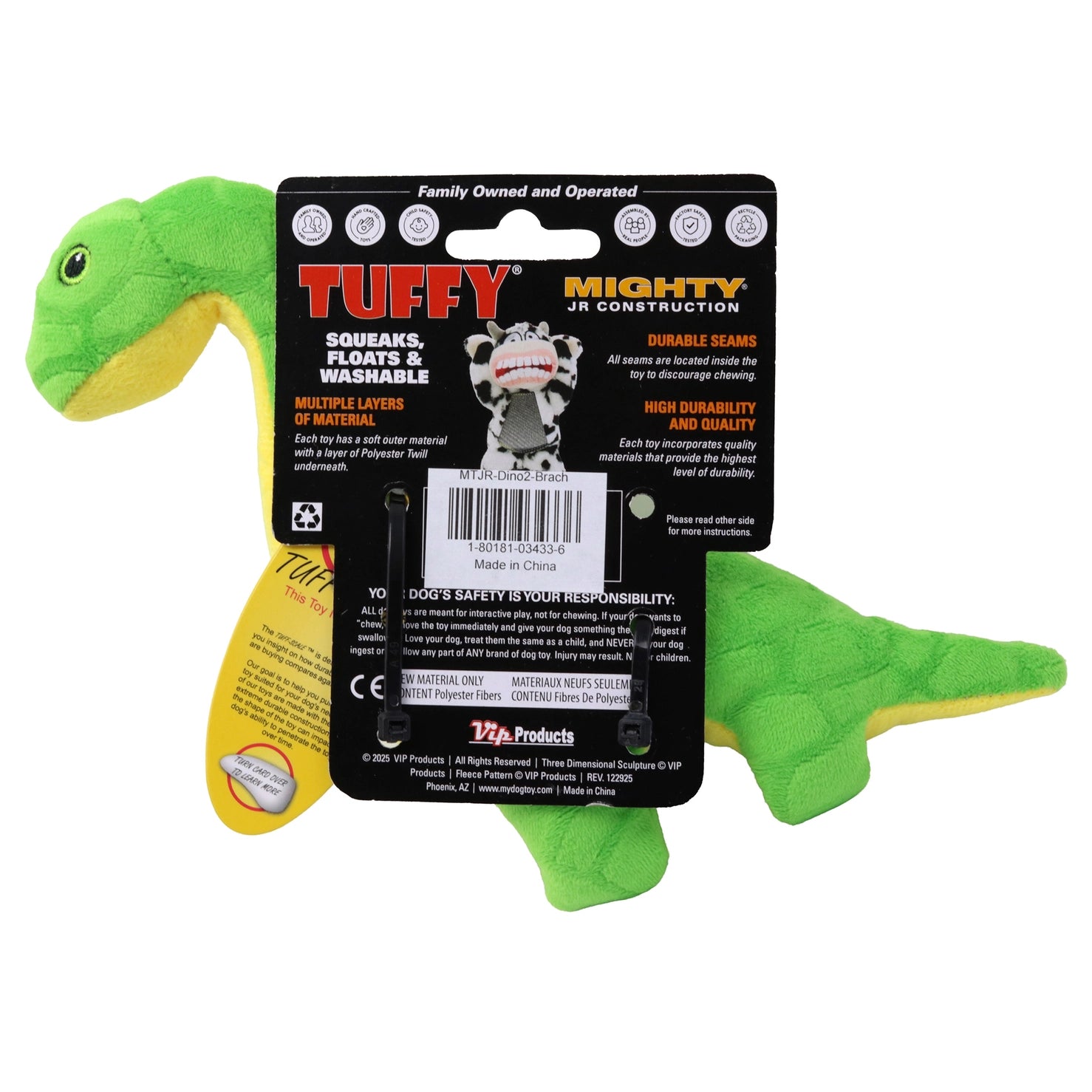 Tuffy Dog Toys - Mighty Jr Dinosaur Brachiosaurus Plush Squeaky Durable Toy