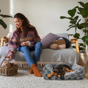 Precious Tails - Pet Bed Cuddler Reserve Checkered Ultra Soft & Elegant Grey