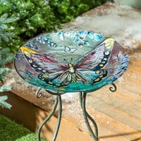 Season to Sparkle Bird Bath, Hand-Painted Glass - Icy Butterfly, 18'