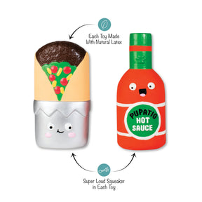 Fringe Studio 'I Make You HOT' 2-Piece Latex Dog Toy Set – Burrito & Hot Sauce Squeaky Toys