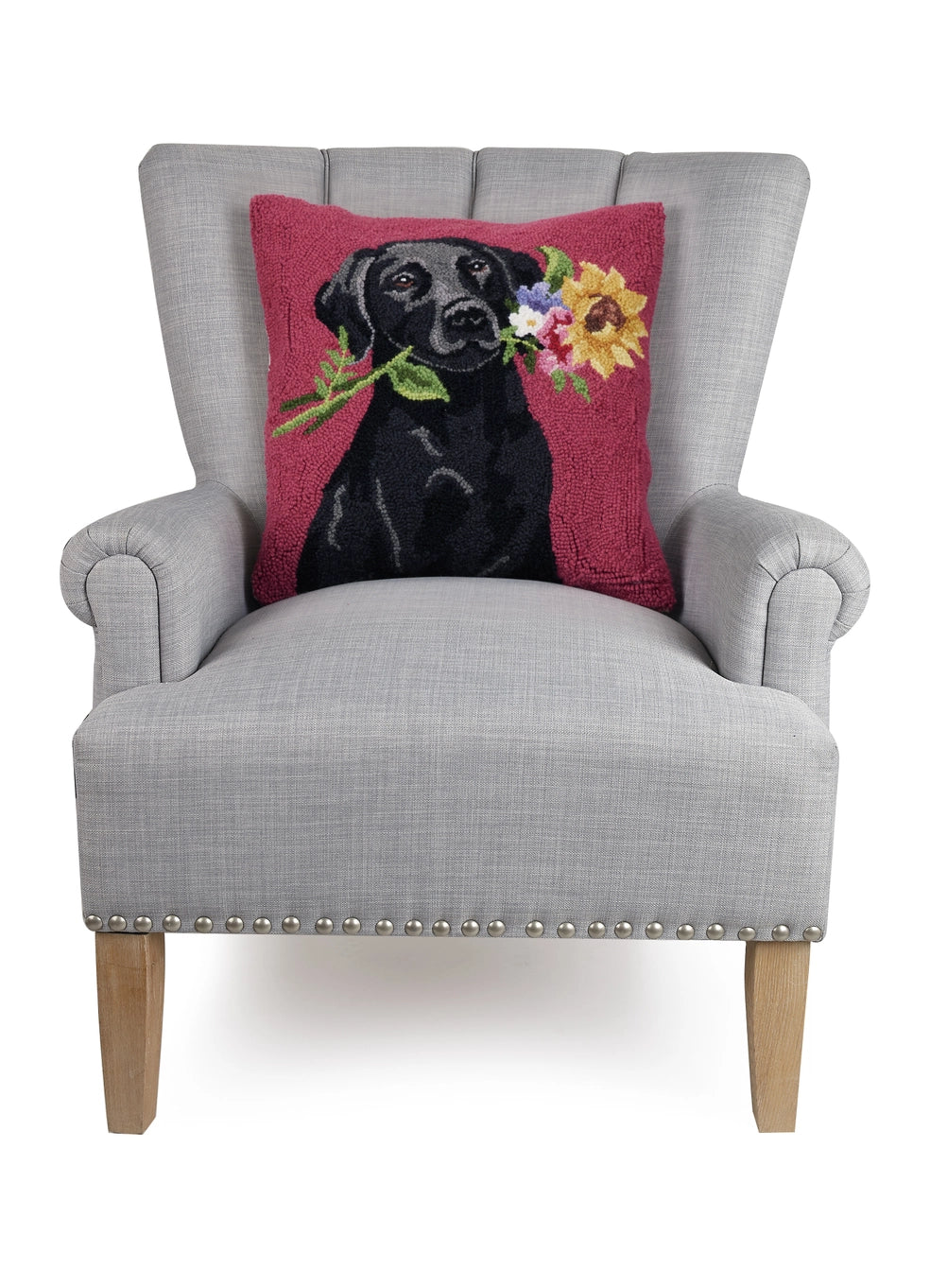 Peking Handicraft - Floral Black Lab Hook Pillow