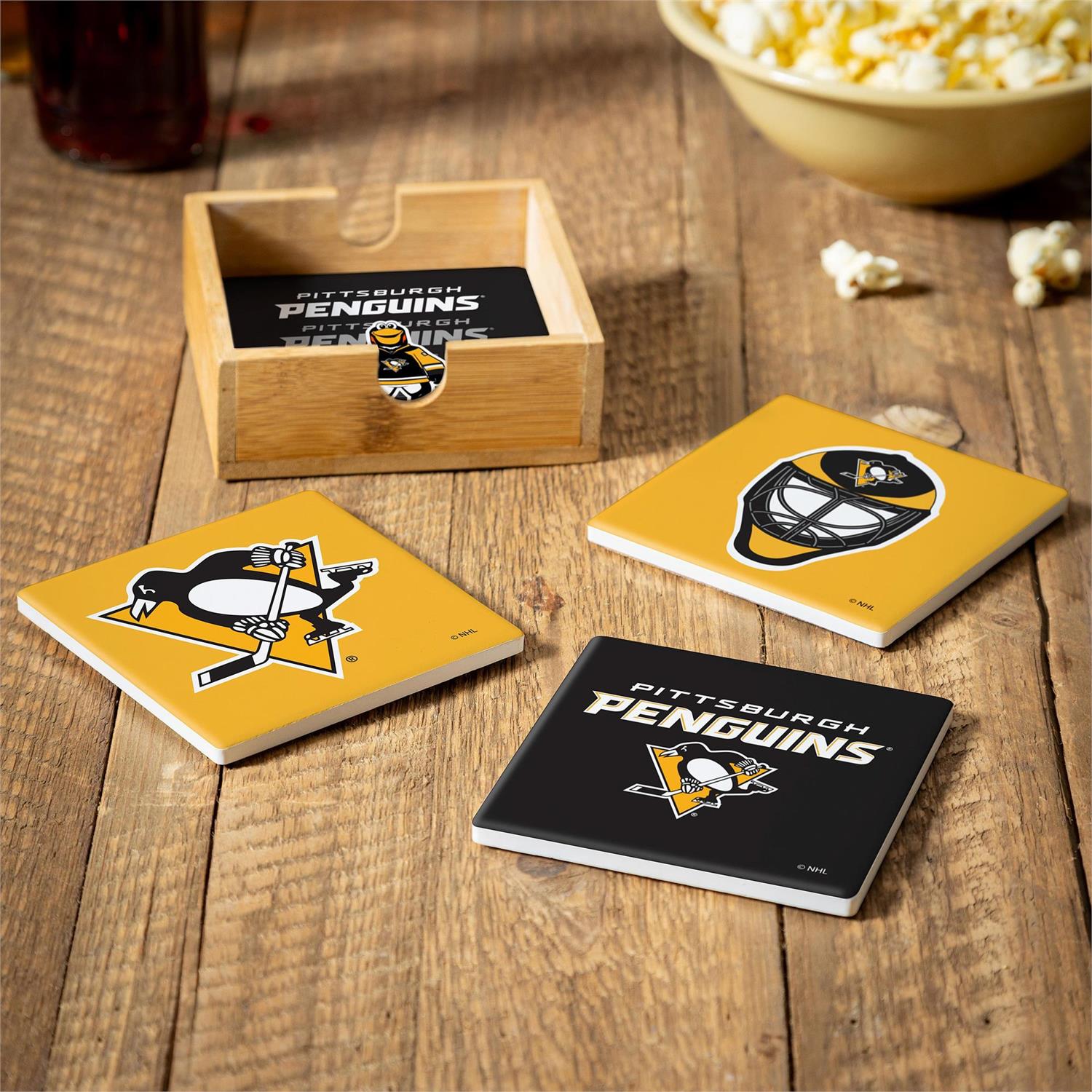 Evergreen Enterprises - Ceramic Coasters Pittsburg Penguins Set with Wood Caddy