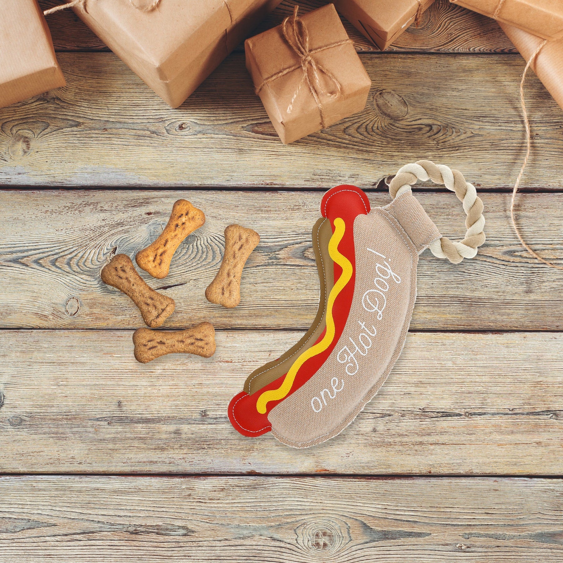 Pavilion - Canvas Dog Toy On Rope Hot Dog