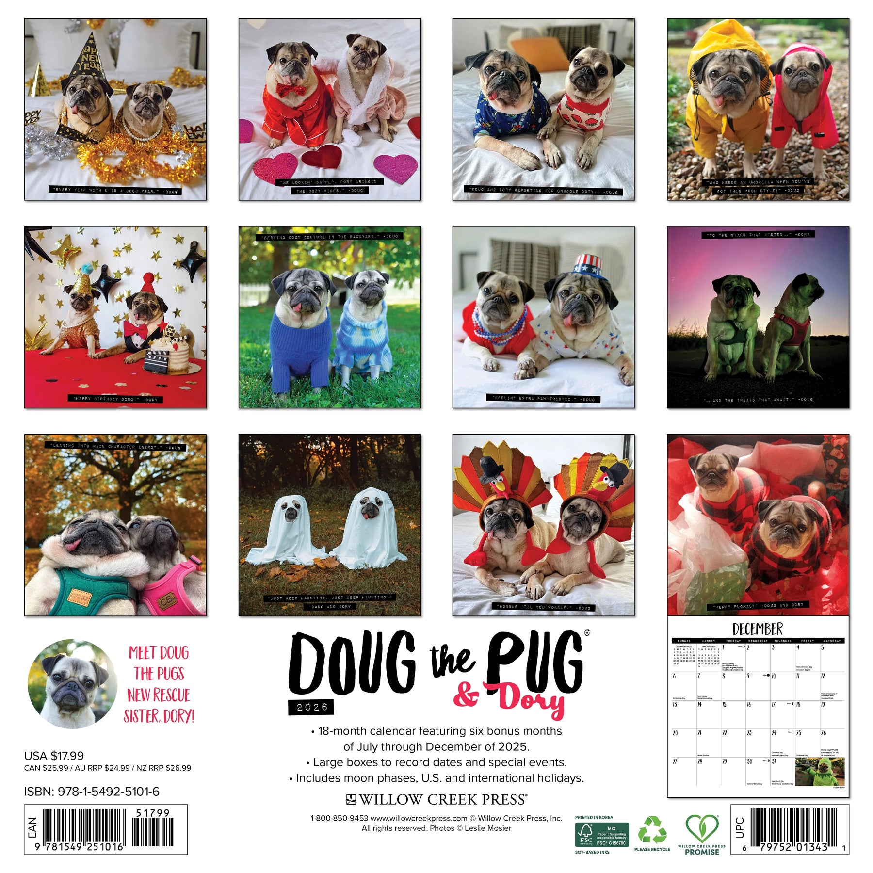Willow Creek Press - 2026 Doug The Pug & Dory Calendar