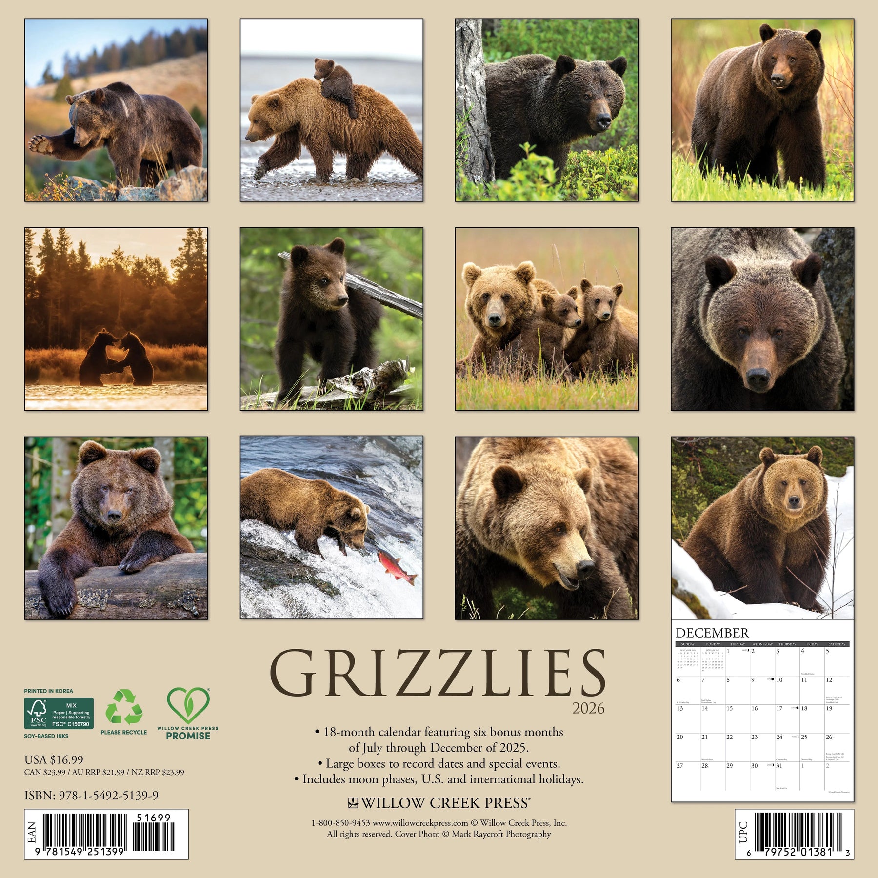Willow Creek Press - 2026 Grizzlies Calendar