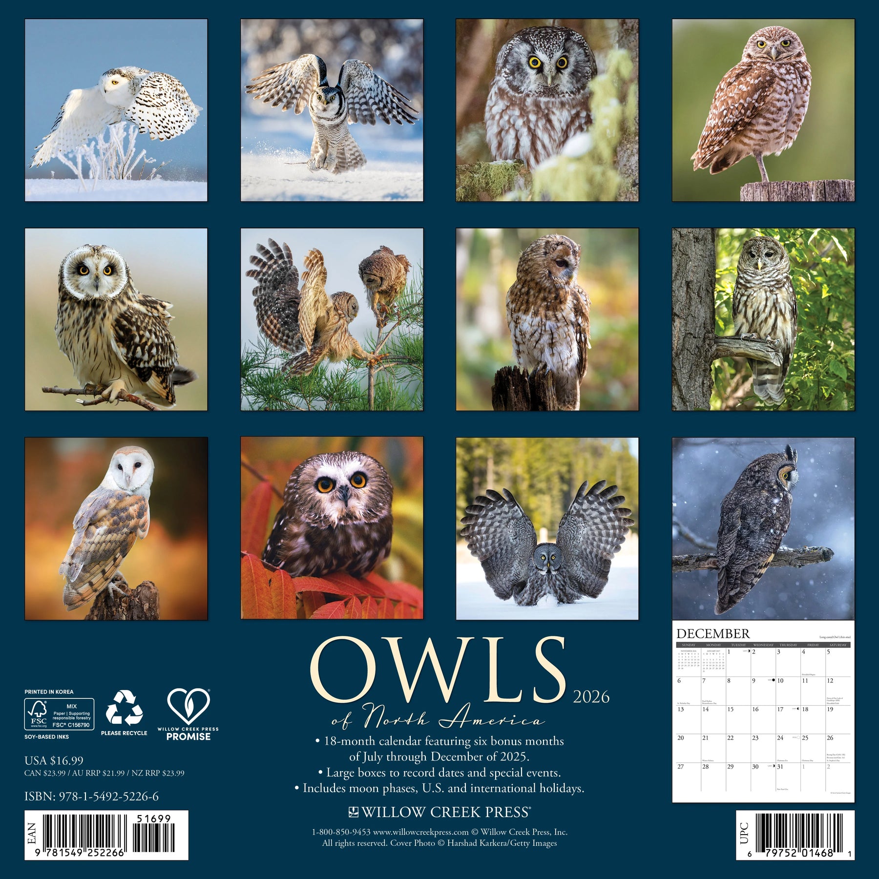 Willow Creek Press - 2026 Owls of North America Calendar