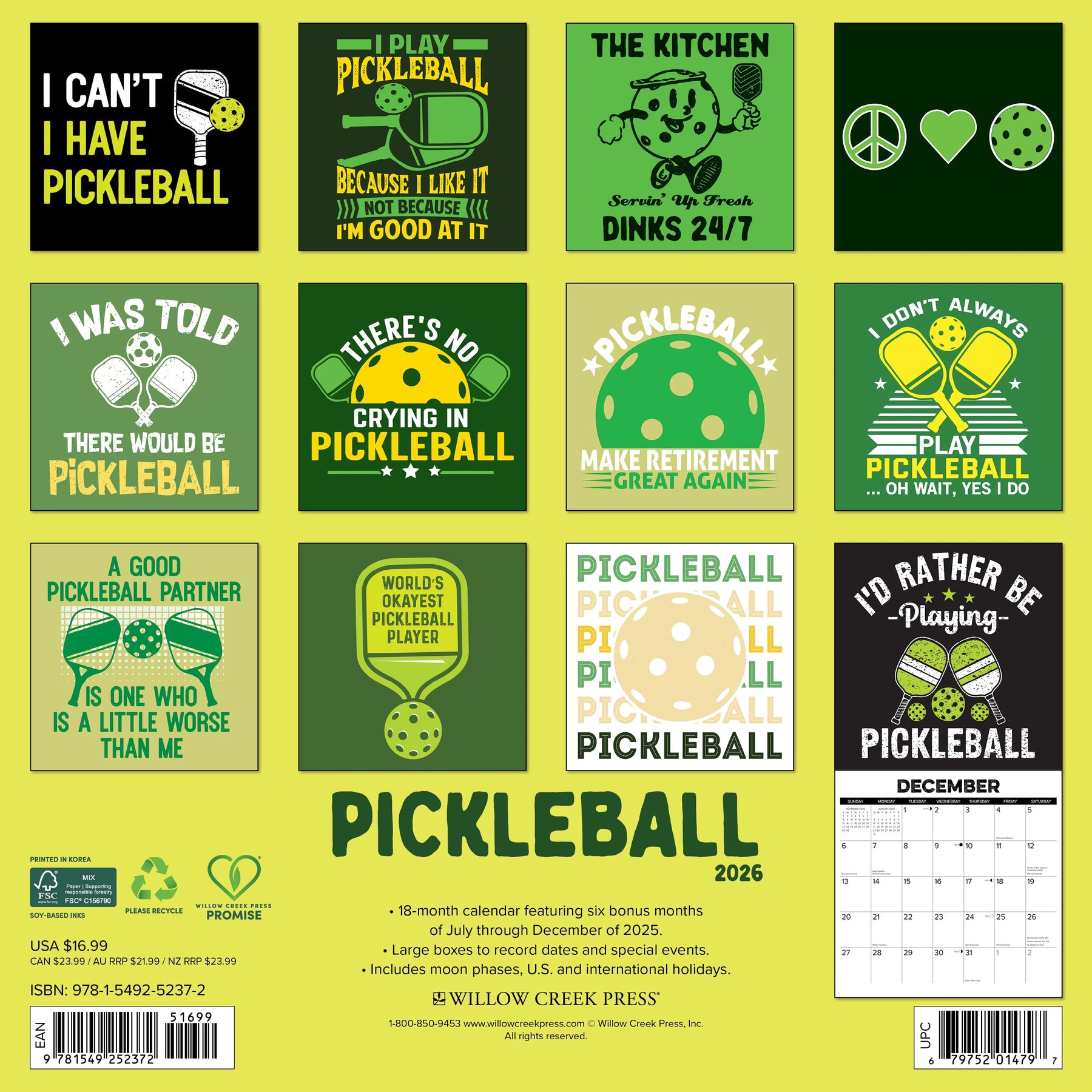 Willow Creek Press - 2026 Pickleball Calendar