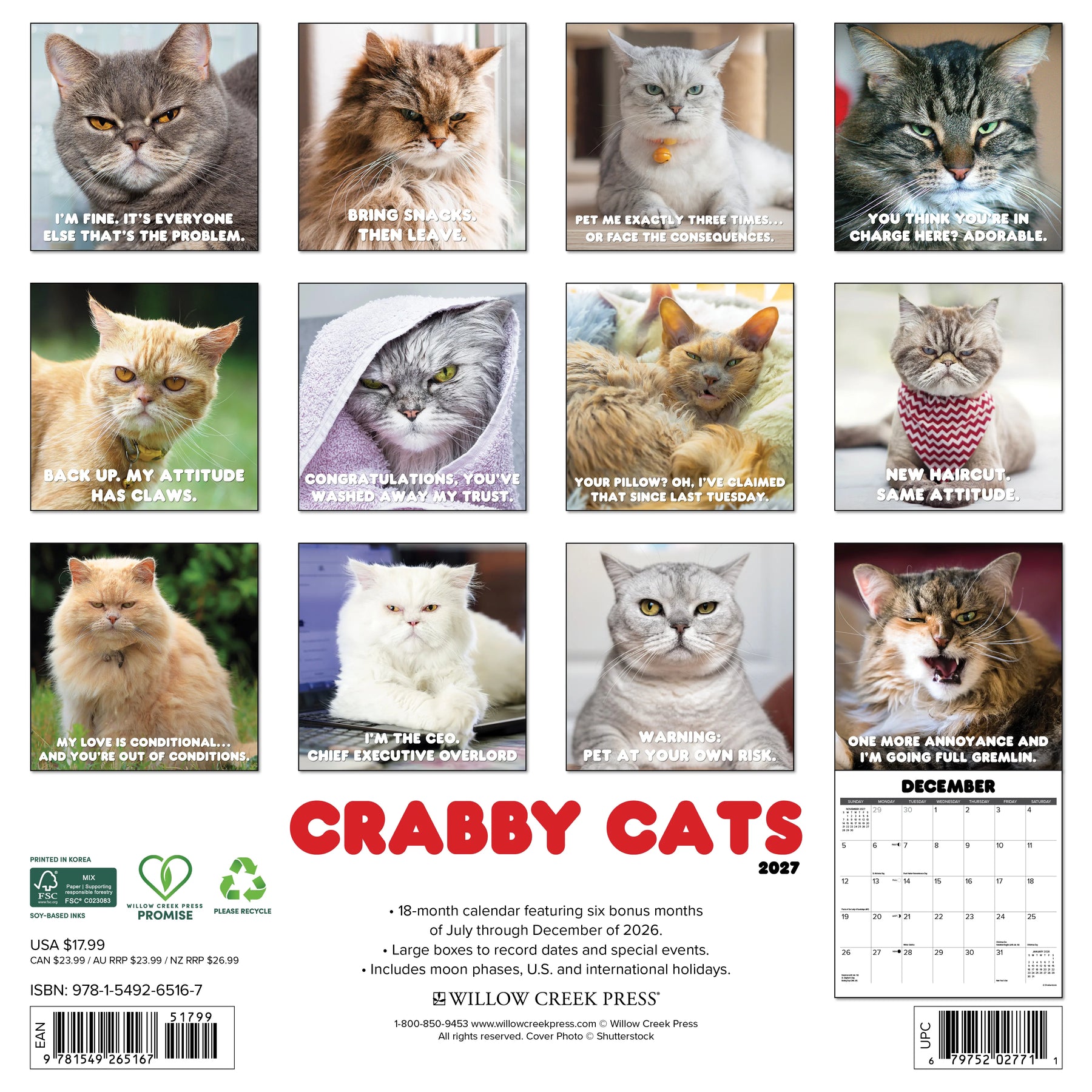 Willow Creek Press - 2027 Crabby Cats Calendar