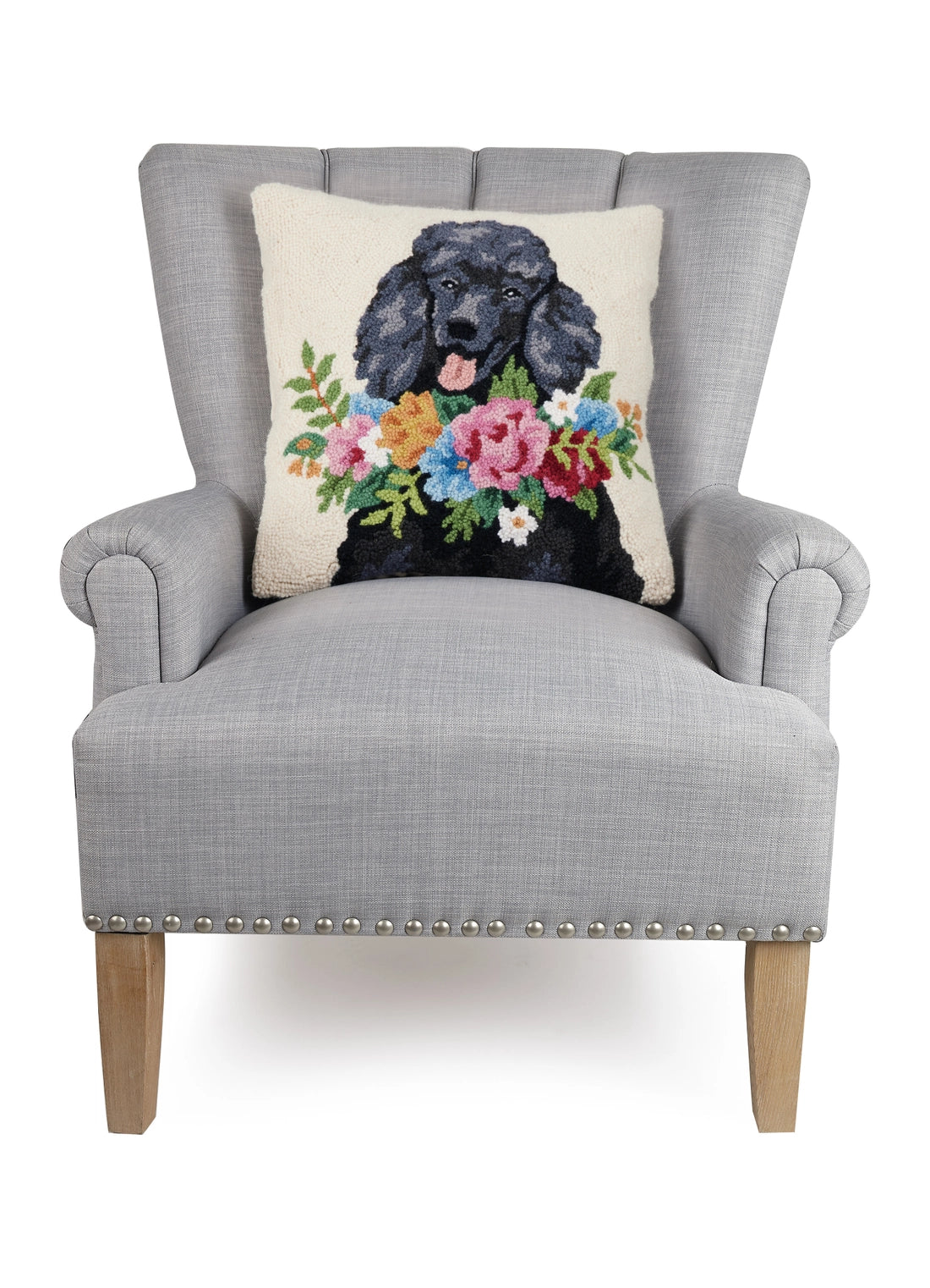 Peking Handicraft - Pillow Black Poodle Floral