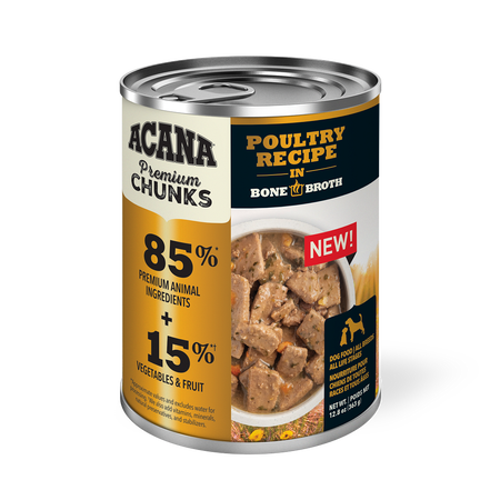Champion Petfoods, Acana - All Dog Breeds, All Life Stages  Premium Chunks, Poultry Recipe in Bone Broth