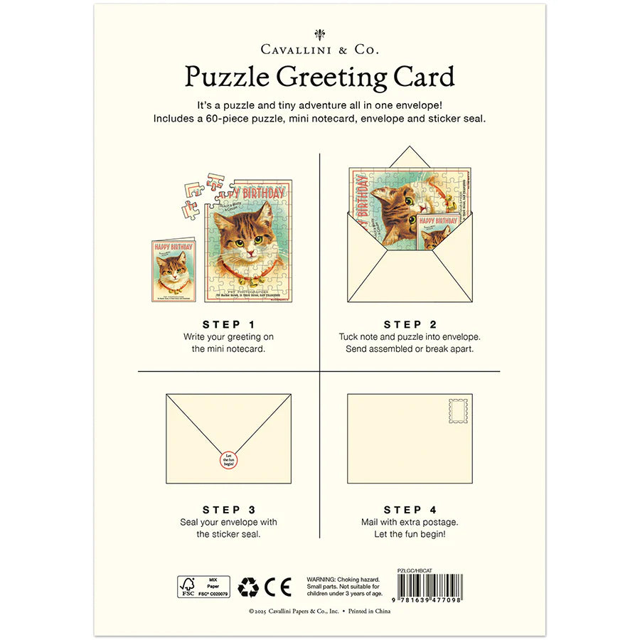 Cavallini Papers & Co - Card With 60 Piece Puzzle Cat Birthday