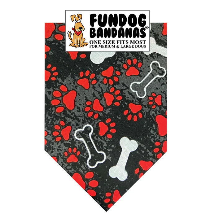FunDog Bandanas - Dog Bandana Red Paws & White Bones