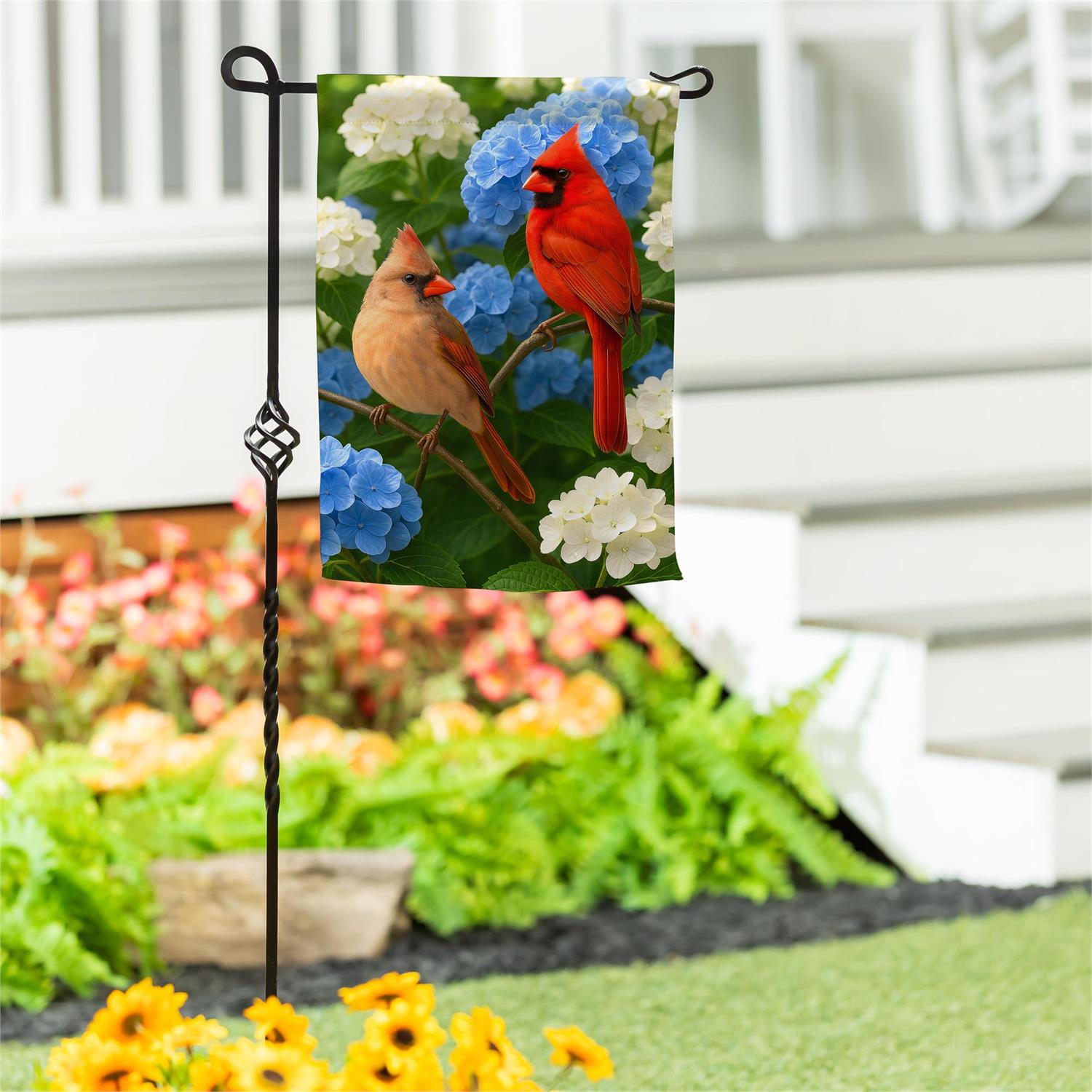 Evergreen Enterprises - Flag Cardinal Couple Among Hydrangeas