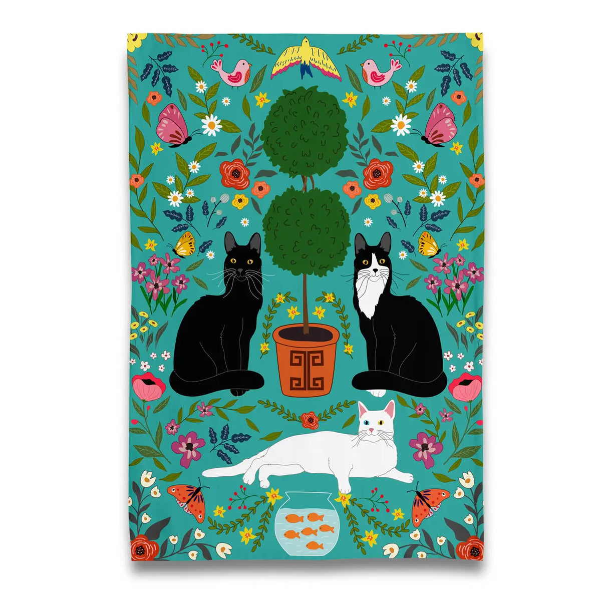 Naked Decor - Tea Towel Cat Trio with Tropiary and Florals