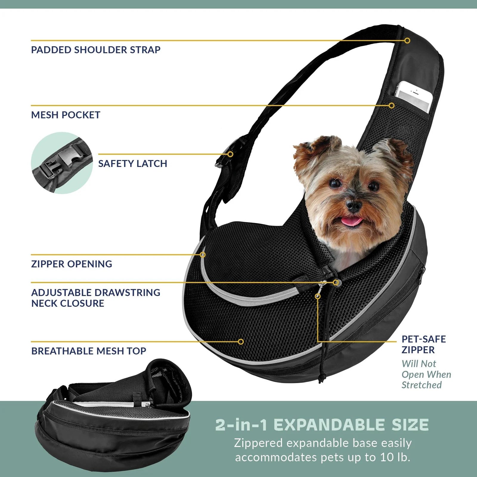 Pet Carrier Expandable Sling for Small Dogs & Cats