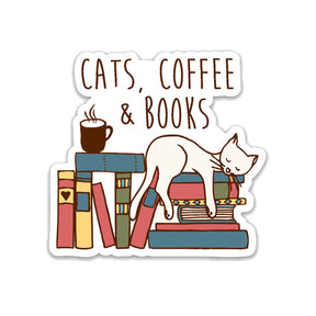 Sticker Vinyl Cat, Coffee, & Books