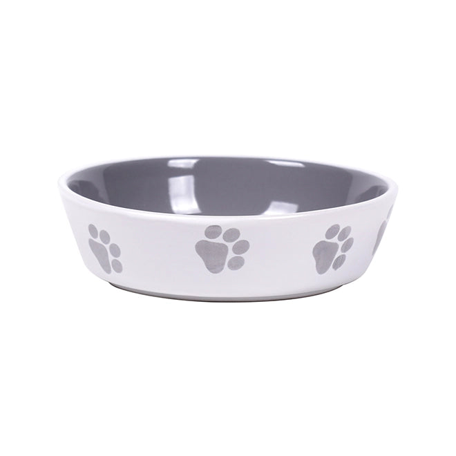 Bromley Dog Bowl Grey & White Paw Prints Ceramic