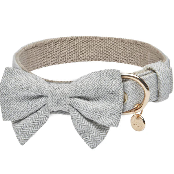 Blueberry Pet - Dog Collar Textured Tweed with Bow Tie Grey