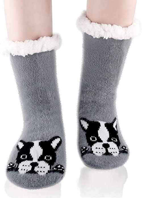Black Frenchie with Fuzzy white inside slipper socks - Southern Agriculture