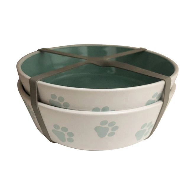 Bromley Dog Bowl Set of Two Paw Prints Ceramic Turquoise
