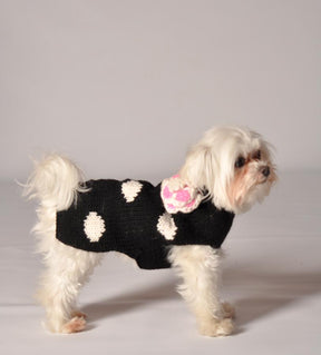 Dog Sweater Black Polka Dot w Flower