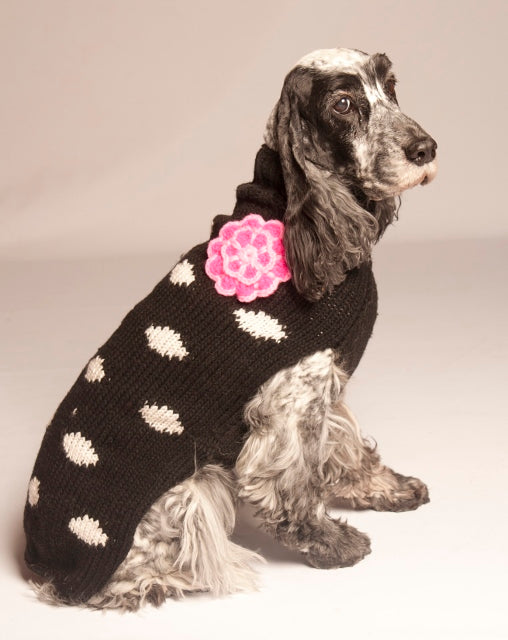 Dog Sweater Black Polka Dot w Flower