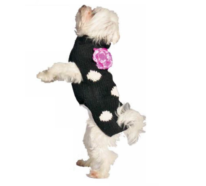 Dog Sweater Black Polka Dot w Flower