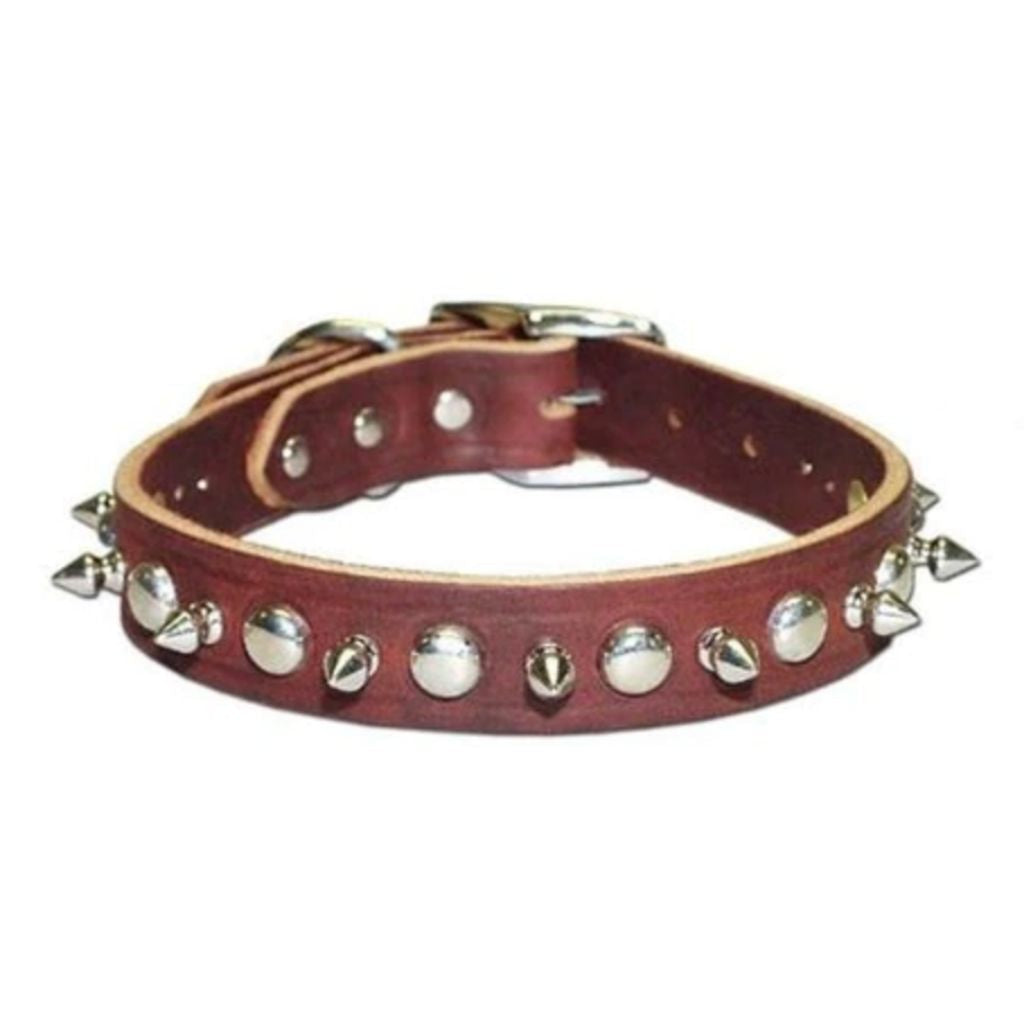 Leather Brothers - Collar Leather Stitched -Studs And Spikes Red 3/4"