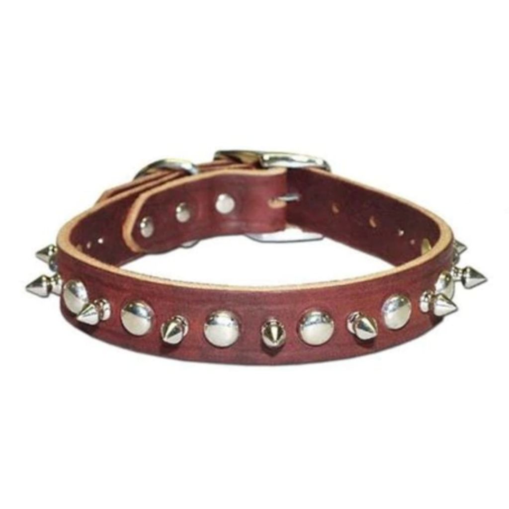 Leather Brothers - Collar Leather Stitched -Studs And Spikes Red 1"