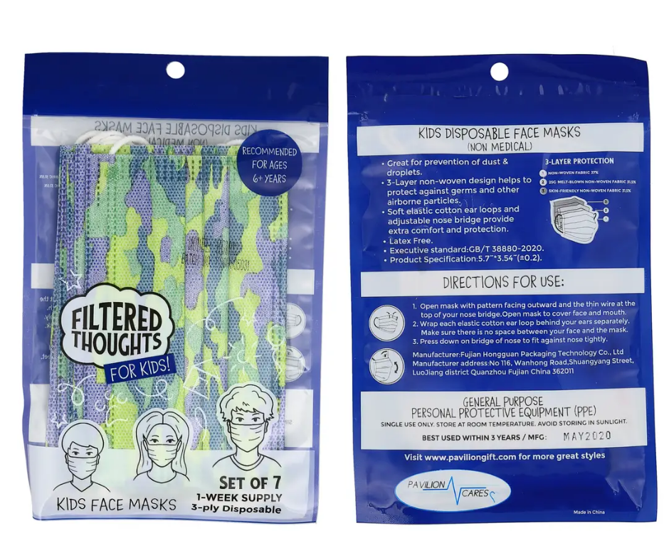 Kid's Disposable 3 Ply Mask Blue Camo Design 7 Pack-Southern Agriculture