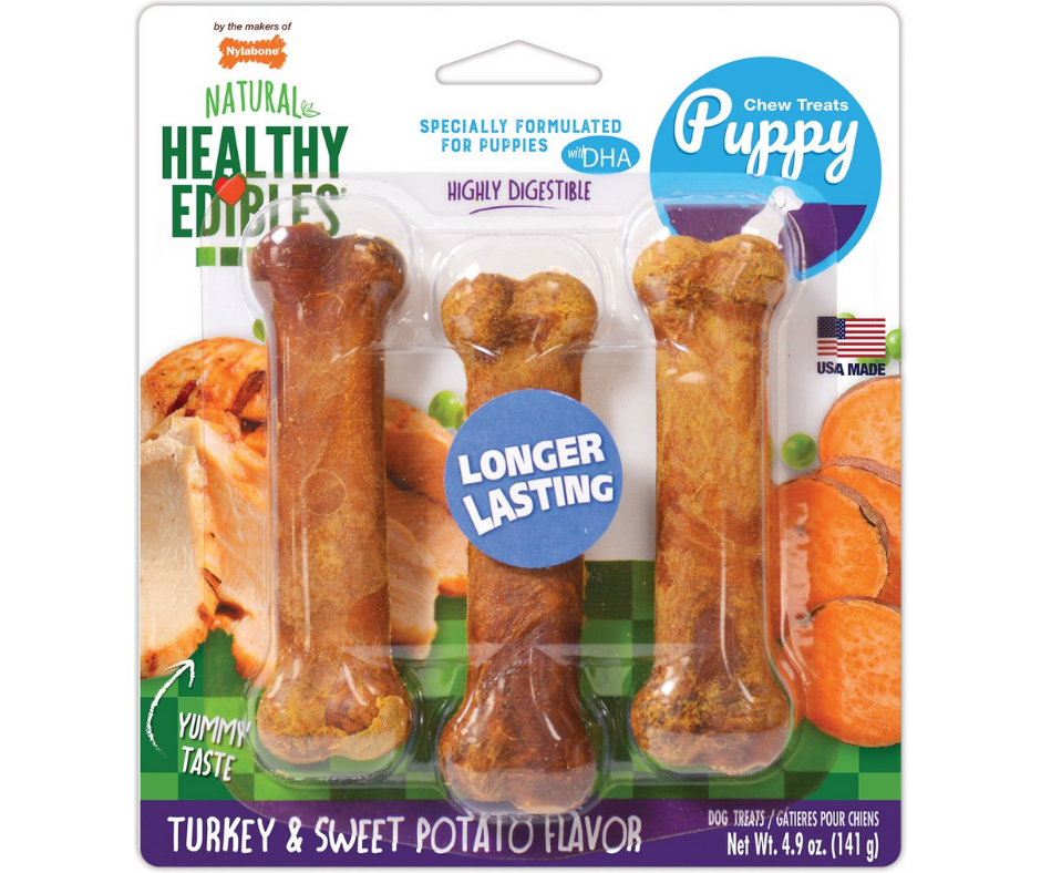 Nylabone - Healthy Edibles Longer Lasting Triple Pack Puppy Turkey & Sweet Potato Flavor Bone Dog Treats-Southern Agriculture
