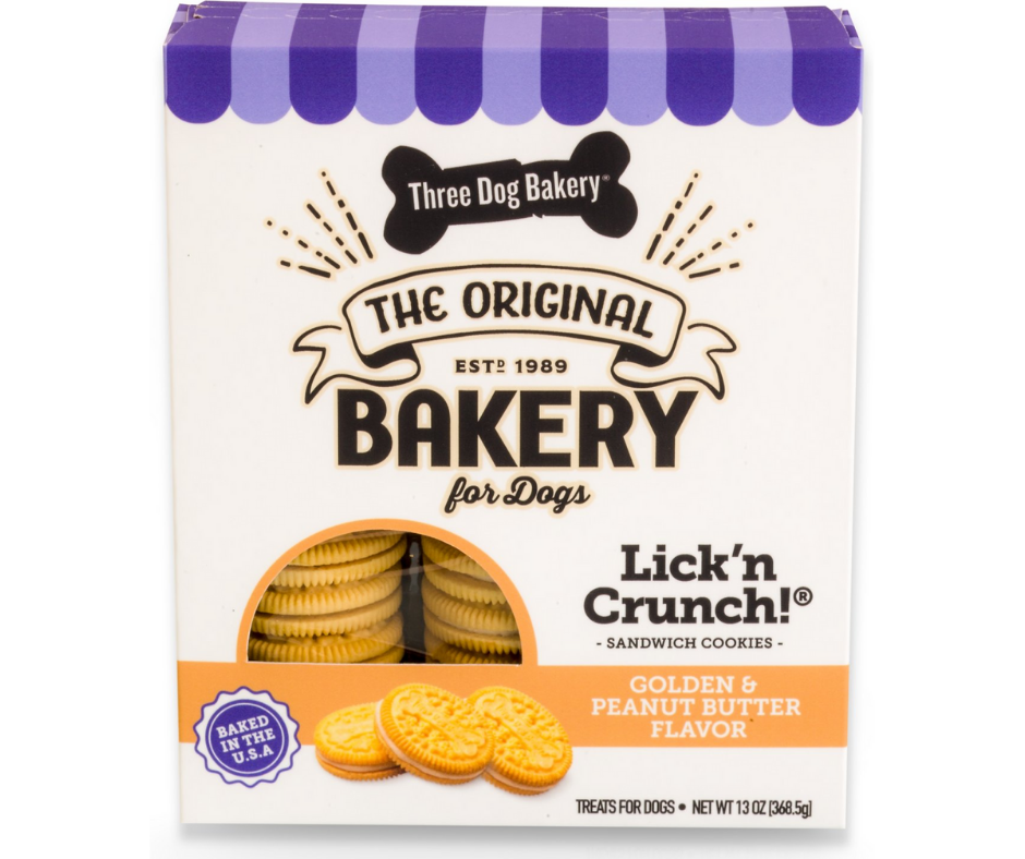 Three Dog Bakery - Lick'n Crunch Sandwich Cookies Golden and Natural Peanut Butter Flavor. Dog Treats.-Southern Agriculture