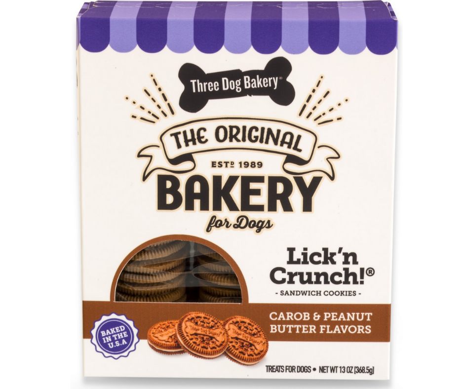 Three Dog Bakery - Lick' n Crunch Sandwich Cookies Carob & Peanut Butter Flavor. Dog Treats.-Southern Agriculture